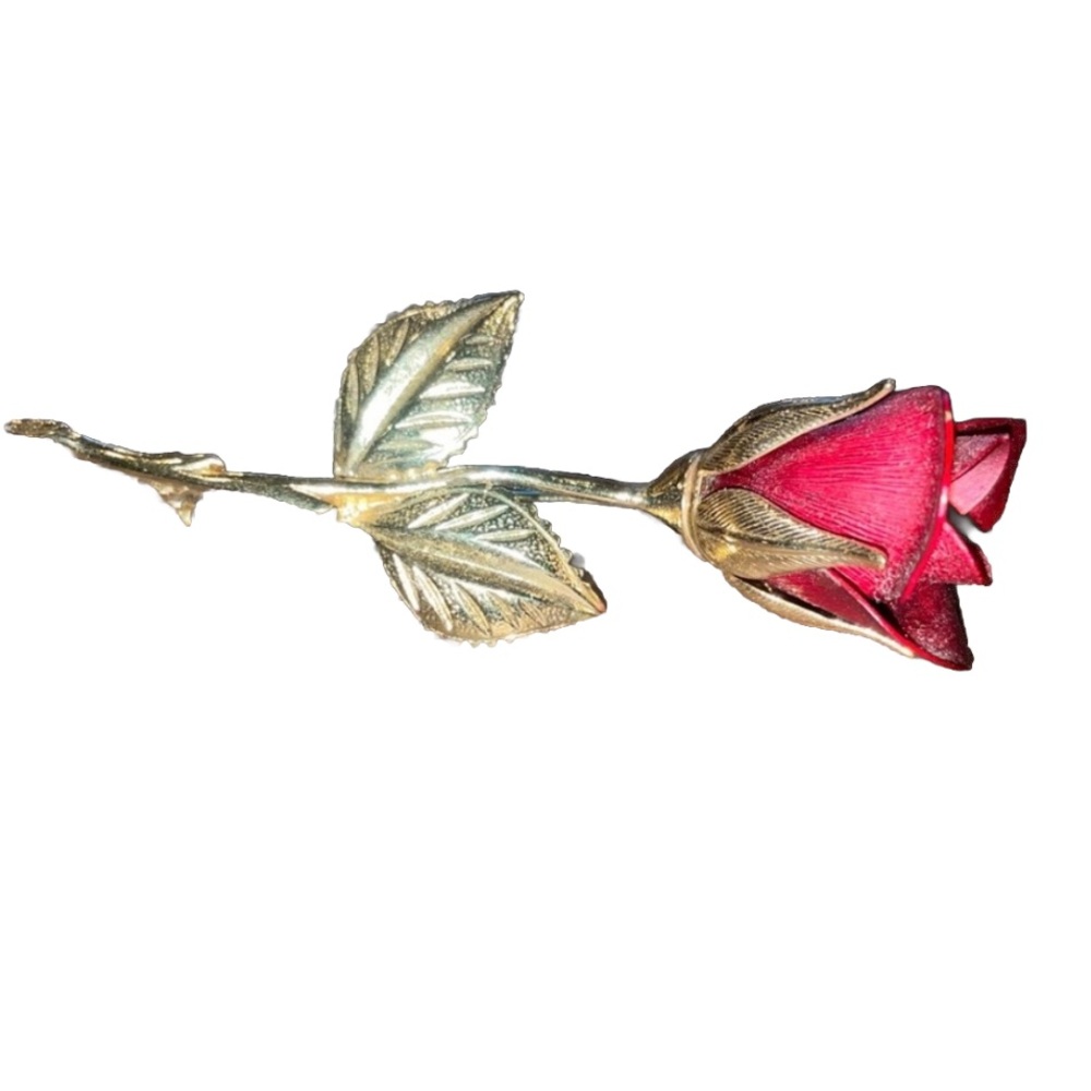 Vintage Gold Tone Red Rose Brooch - image 1